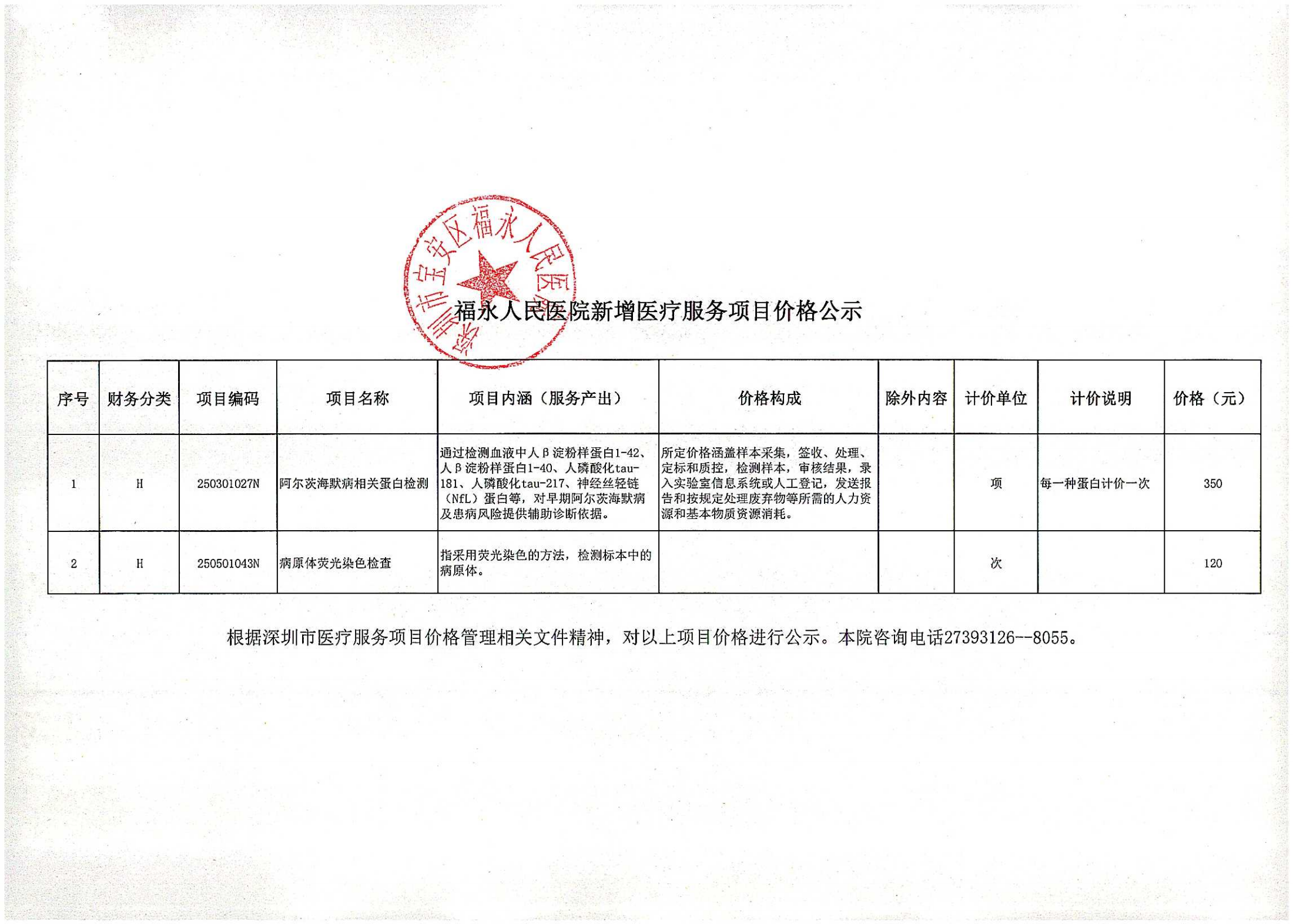 福永人民医院新增医疗服务项目价格公示表（阿尔茨海默病相关蛋白检测、病原体荧光染色检查）_00.png